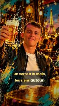 Image peinte d'un jeune homme qui lève sa bière devant la tour Eiffel